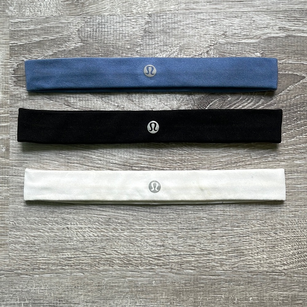3 BRAND NEW lululemon thin headbands white, black, and blue